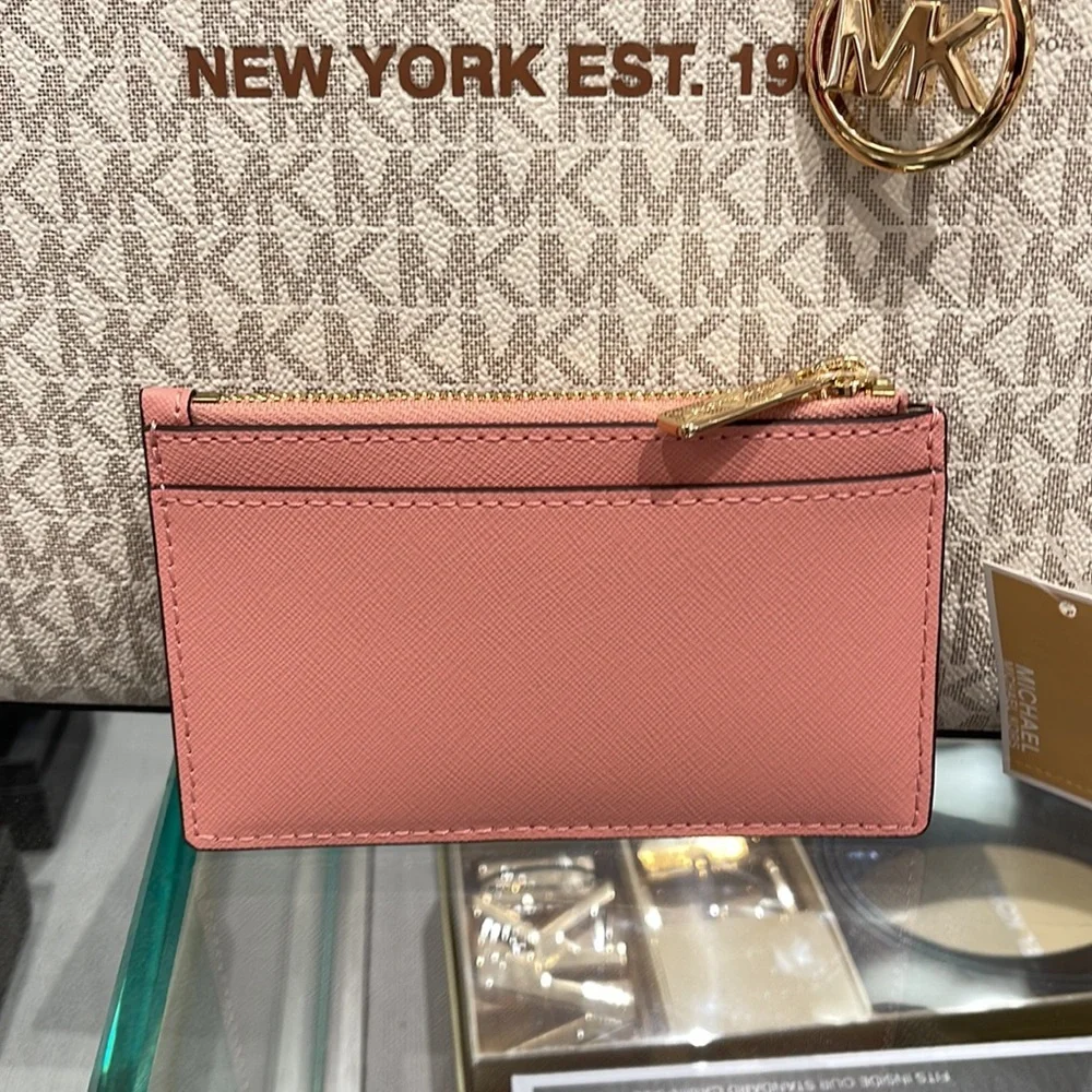 MICHAEL KORS Jet Set Travel Medium Top Zip Leather Card Case Wallet Primrose NWT